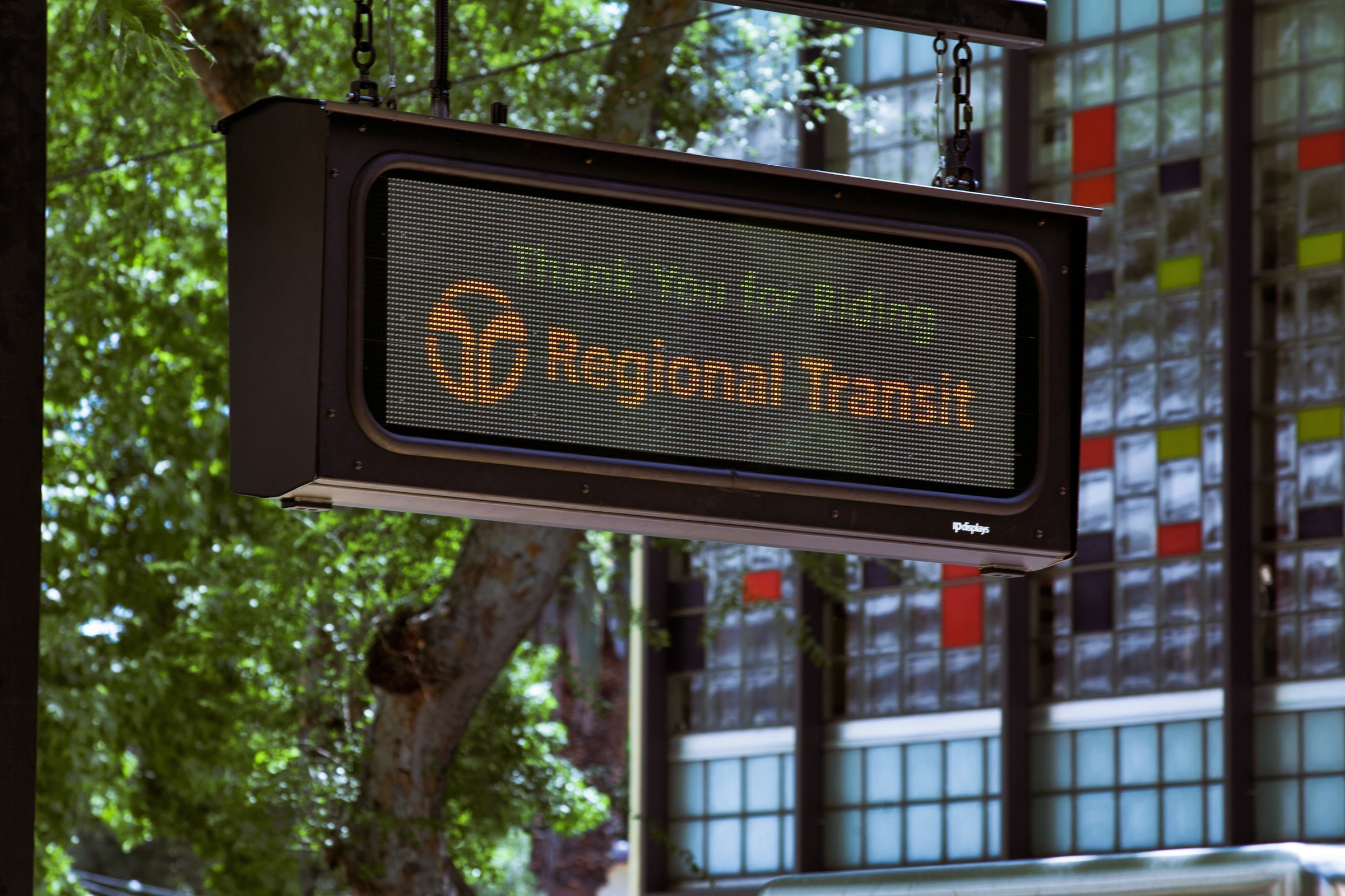 LED passenger information sign on a Sacramento Regional Transit light rail platform