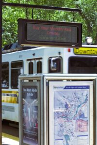 LED platform display showing a rider message at a Sacramento Regional Transit light rail station