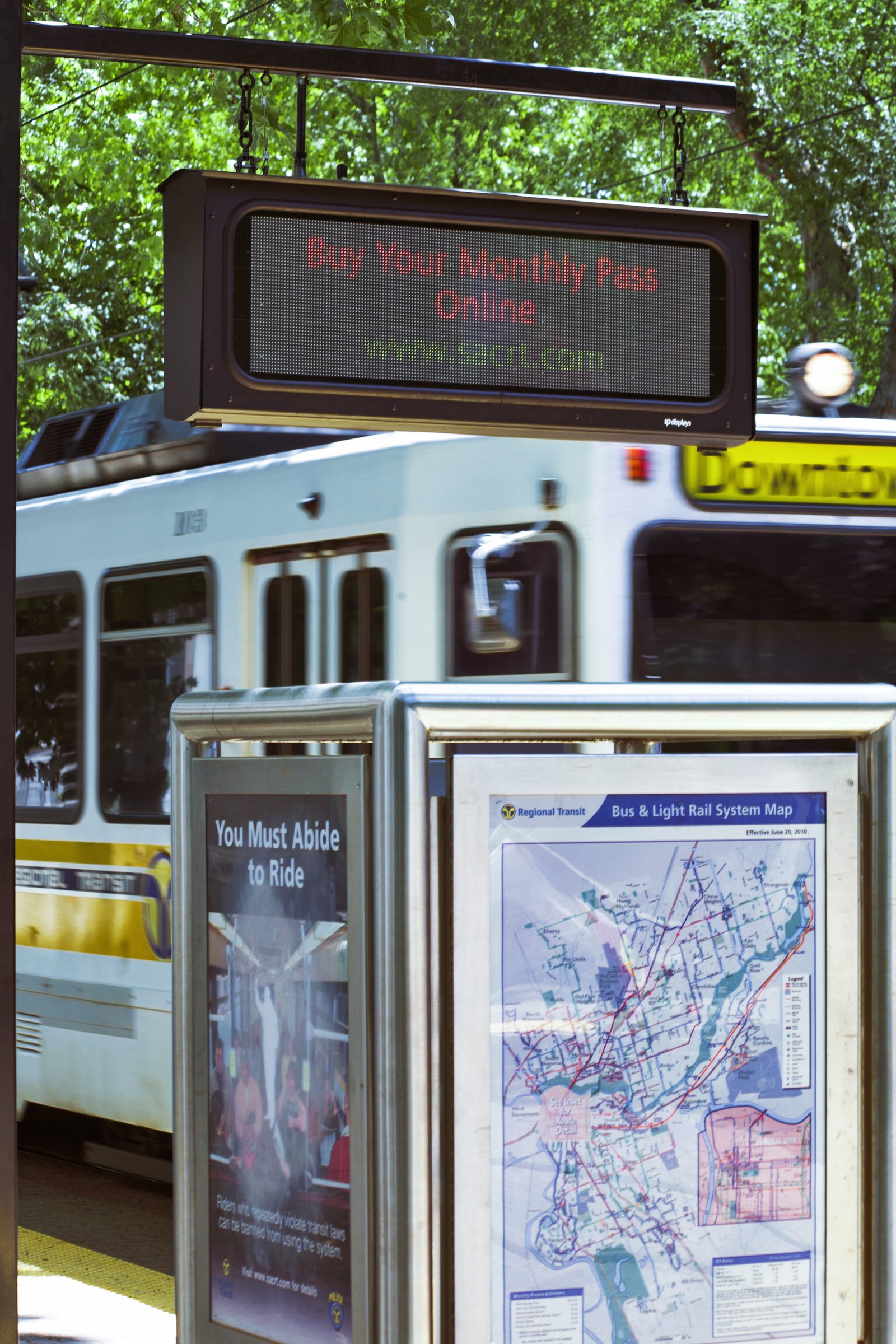 LED platform display showing a rider message at a Sacramento Regional Transit light rail station