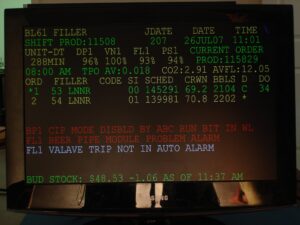 LCD line-status display showing real-time filler performance on Anheuser-Busch line BL61