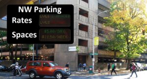Composite showing an amber LED parking garage sign displaying rates and available spaces