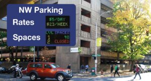 Composite showing a blue LED parking garage sign displaying rates and available spaces